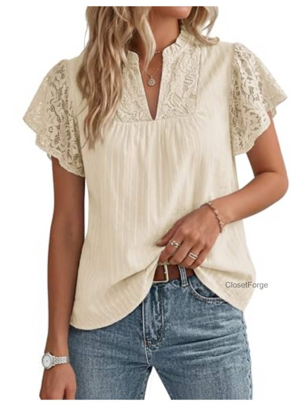Women's Lace Short Sleeve Blouse Cotton Top Flowy V Neck Dressy Casual